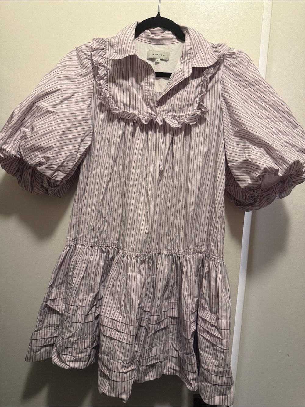 Lee Mathews Lilac-Striped Puff Sleeve Dress
